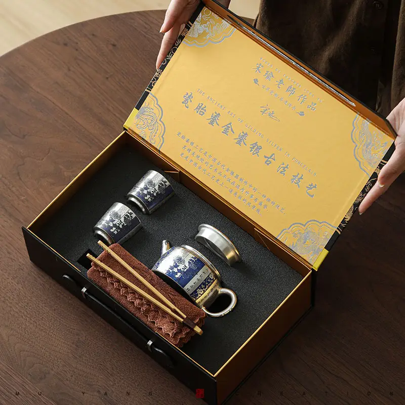 Silver Gilded Blue And White Chinese Style Silver Tea Cup Suit