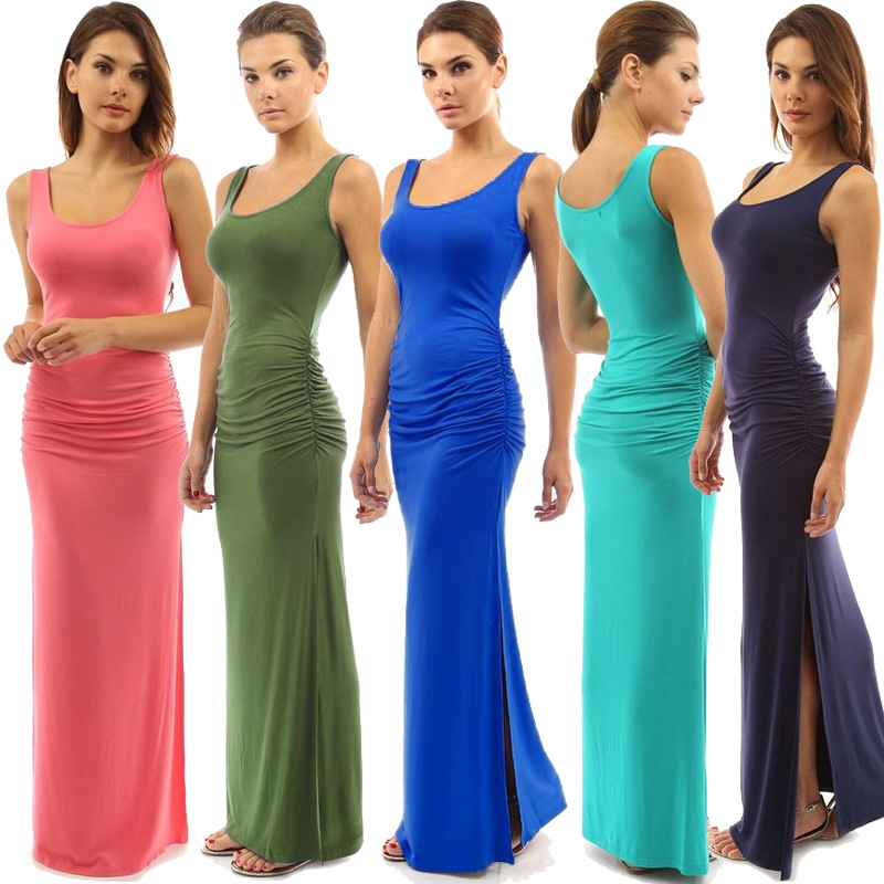 Round Neck Pleated Waist-tight Sheath Sleeveless Swing Split Dress