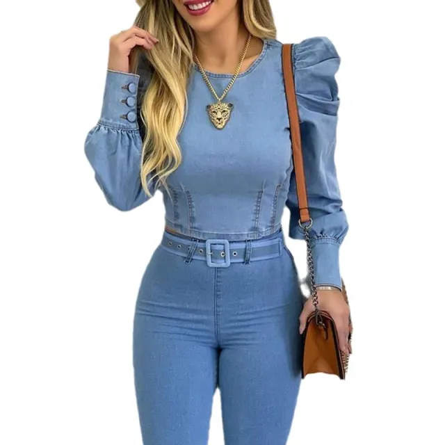 Women's Denim Long Sleeve Solid Color Short Puff Sleeves Shirt Blue - Shop at LoveMi