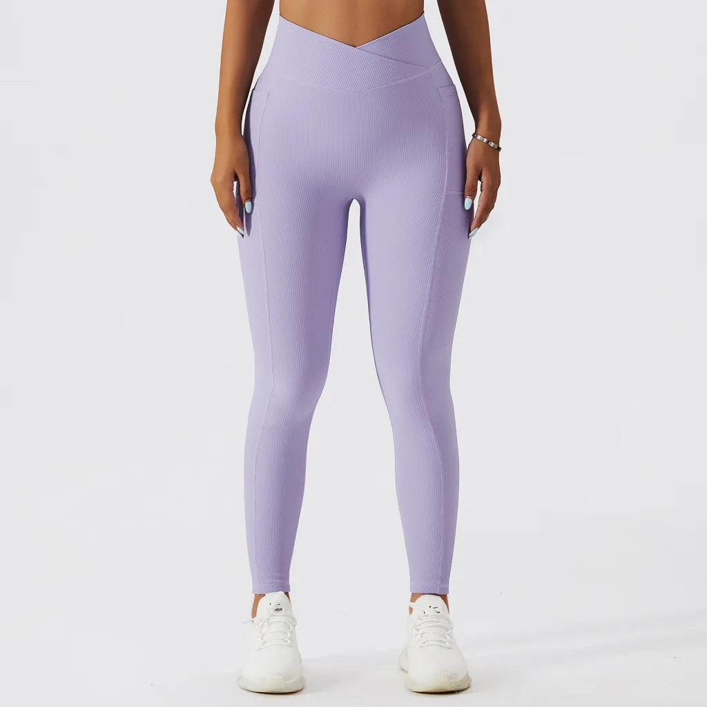 Thread Pocket High Waist Fitness Skinny Peach Hip Lifting Running Workout Pants - Fumigating Purple