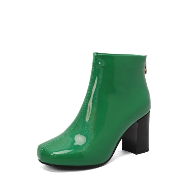 Women's Solid Color Ankle Boots Patent Leather High Heel Fashion Green - Shop at LoveMi