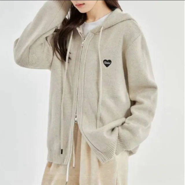 Loose Sports And Leisure Gray Hooded Knit Cardigan Coat For Women Apricot - Shop at LoveMi