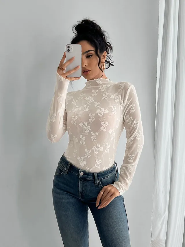 Butterfly Jacquard Mesh Slim Fit Stand up Collar Long sleeved Tan - Shop at LoveMi
