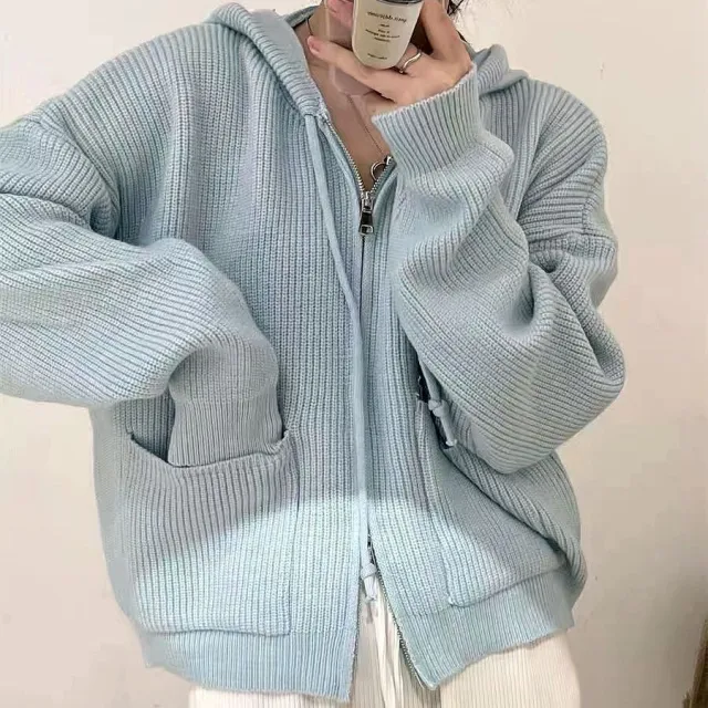 Autumn And Winter New Loose All match Soft Glutinous Knitted Cardigan Jacket Light Blue - Shop at LoveMi