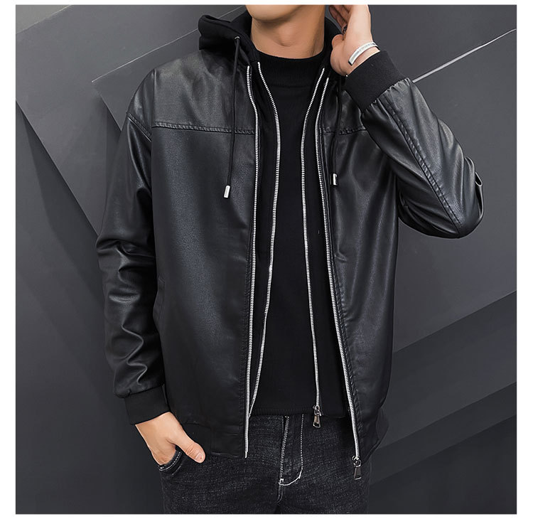 Men's Hooded Faux-Leather Zip-Up Jacket - black front view showing hood, zip and cuff construction
