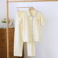 Washed Cotton Double-layer Gauze Short-sleeved Trousers Casual Loose Outfit - Yellow Plaid - View 1