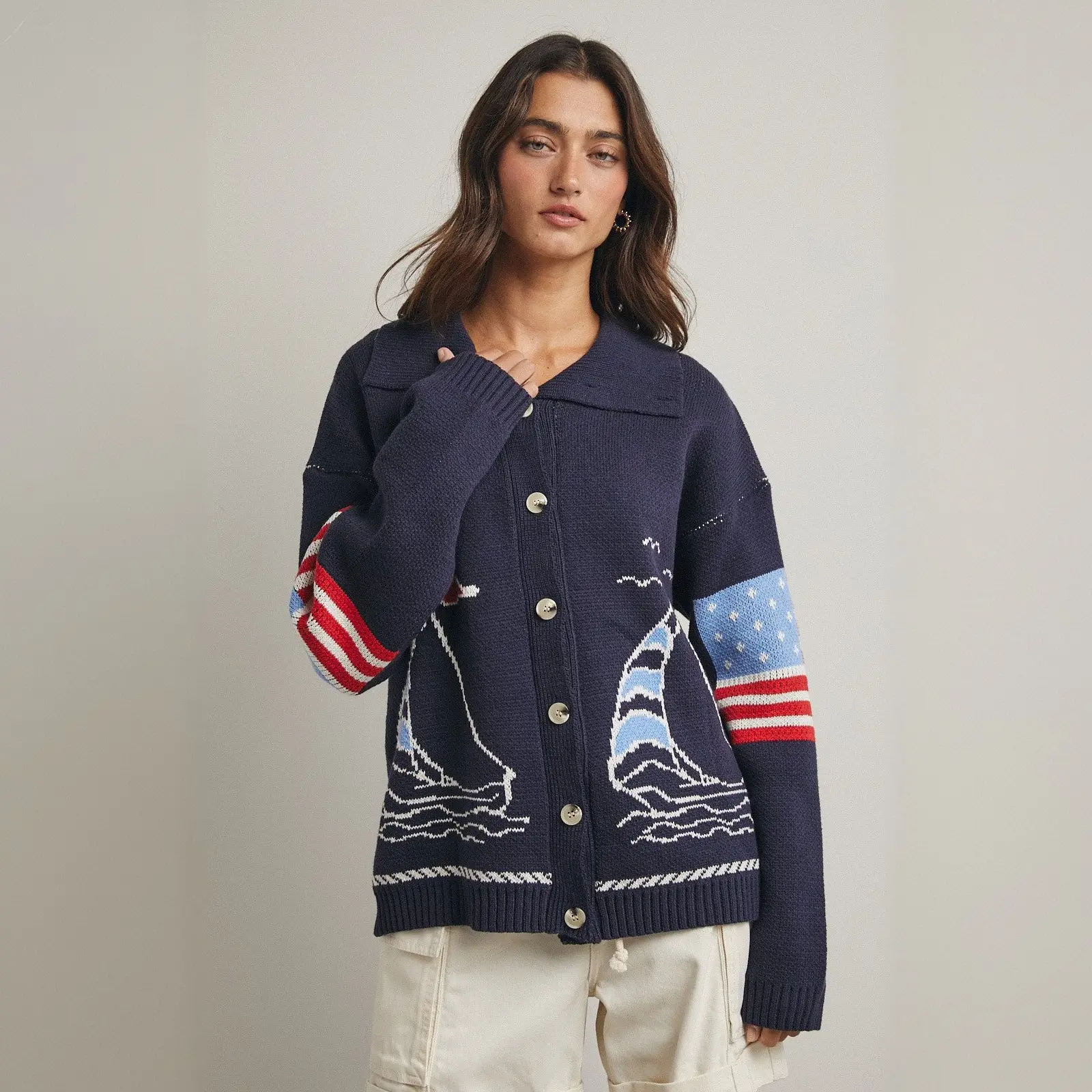 Sailboat-patterned Sweater Casual Long-sleeve Cardigan