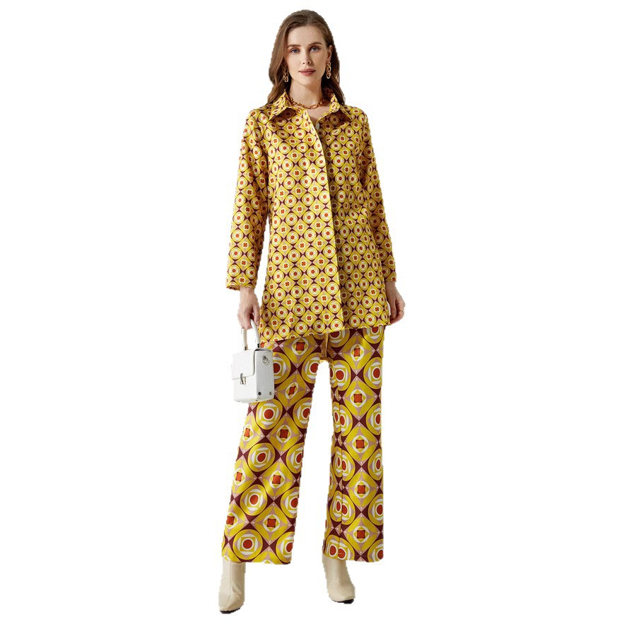 Retro Fashion Nation Geometric Print Women's Long-sleeved Shirt Pants