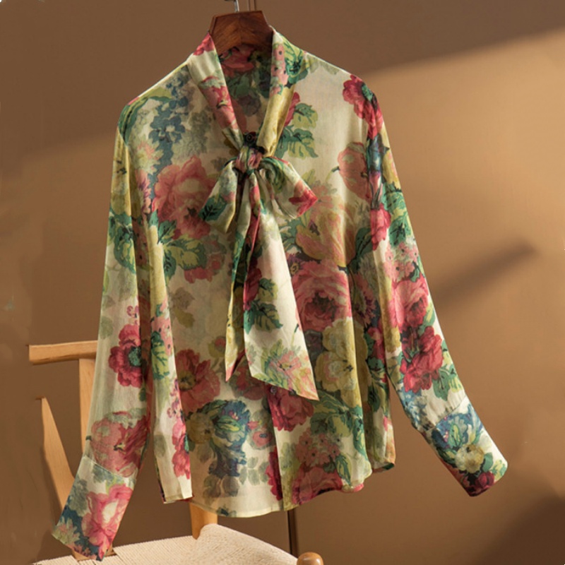 Oil Painting Floral Cabinet Artistic Sense Stand Collar Ribbon Silk Shirt Tan - Shop at LoveMi