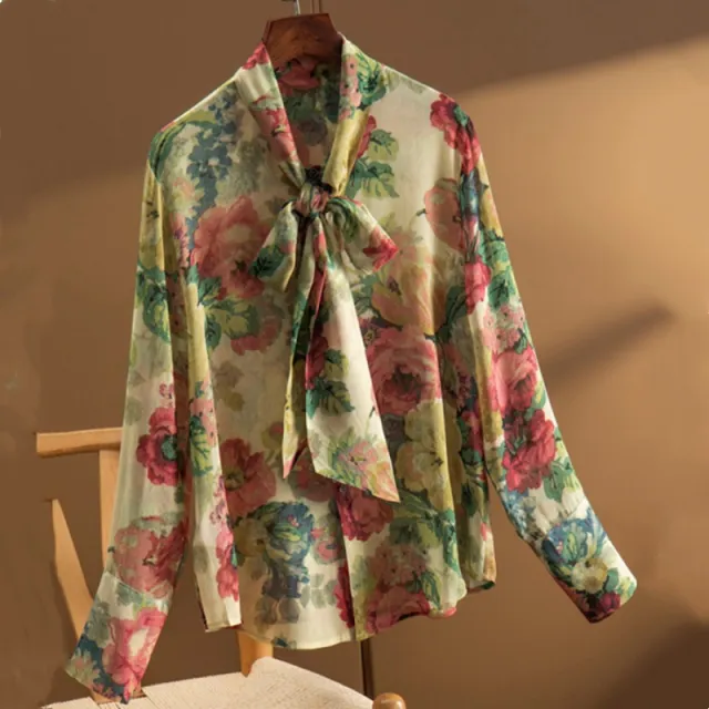 Oil Painting Floral Cabinet Artistic Sense Stand Collar Ribbon Silk Shirt Color - Shop at LoveMi