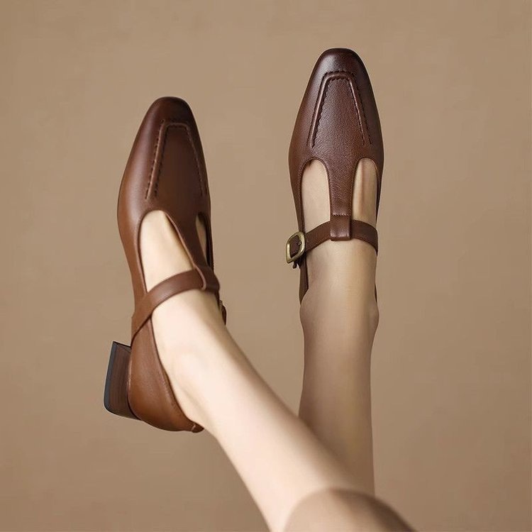 Soft Leather Brown T-strap Chunky Heel Pumps