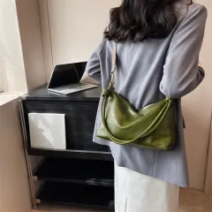 Women's High-end Soft Leather Textured Shoulder Geometric Wide Shoulder Strap Crossbody Bag - Green - View 1