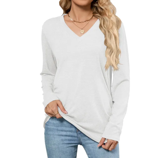 Leisure Pullover V neck Solid Color Loose Long Sleeves White - Shop at LoveMi