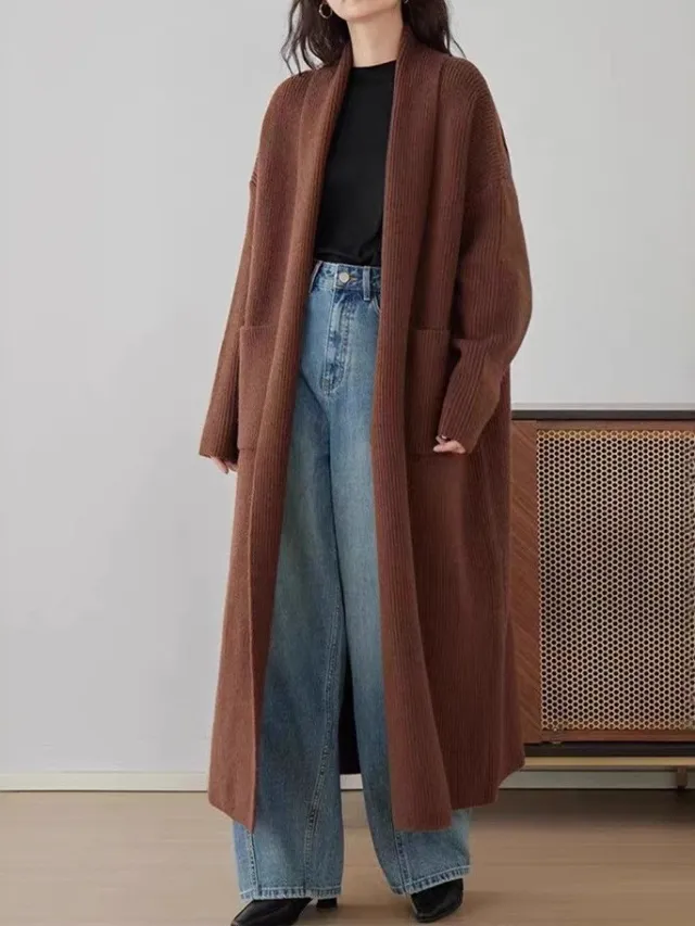 Women's Elegant Long Below The Knee Sweater Cardigan Brown - Shop at LoveMi