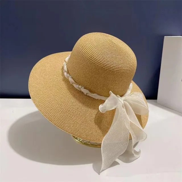 French Style Lace Strap Big Brim Beach Hat Seaside Play Straw Hat Female Sun proof All matching Khaki - Shop at LoveMi