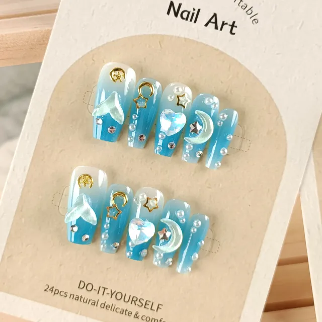 Handmade Phototherapy Wear Mermaid Love Nail Tips Gradient Star Moon Pearl Nails Patch Mermaid Legend - Shop at LoveMi