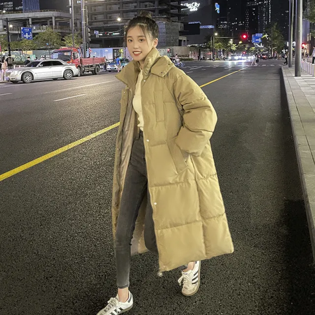 Padded Down Jacket Women's Korean Style Loose fitting Long Over the knee Winter Coat Khaki - Shop at LoveMi