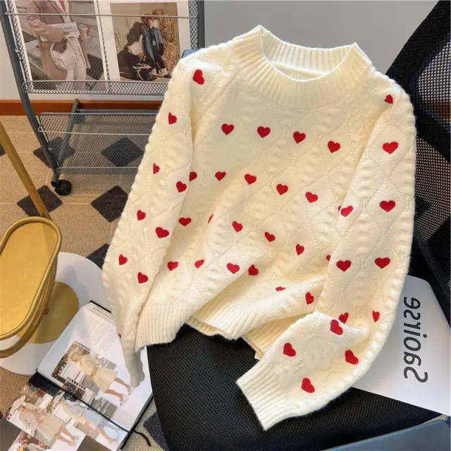 Heart Printing Cable knit Sweater Women Beige Apricot - Shop at LoveMi