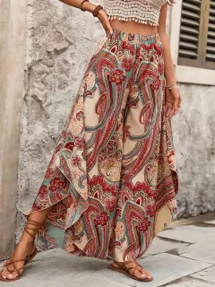 Elegant High Waist Casual Bohemian Vacation Style Wide Leg Pants - Colour - View 1