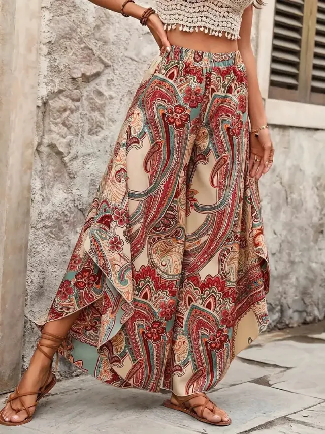 Elegant High Waist Casual Bohemian Vacation Style Wide Leg Pants Color L - Shop at LoveMi
