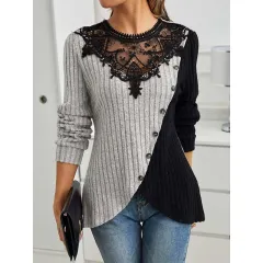 Lace Round Neck Color-blocked Ribbed Cross Hem Long Sleeve Knit T-shirt - Gray - View 1