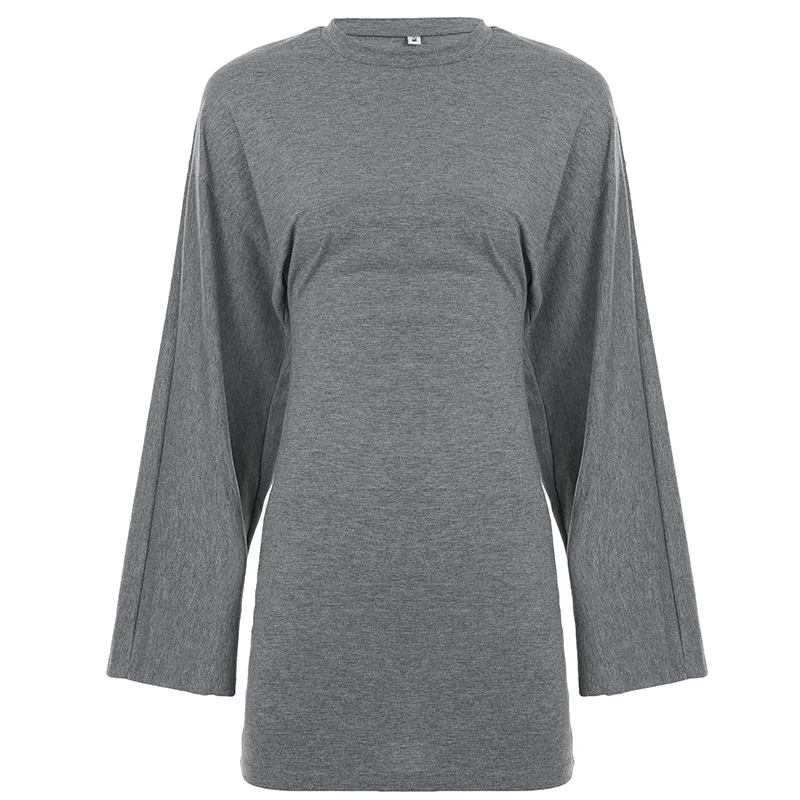 Womens A-line Dress With A Simple Crew Neck Flared Sleeves And A Defined Waist - Gray