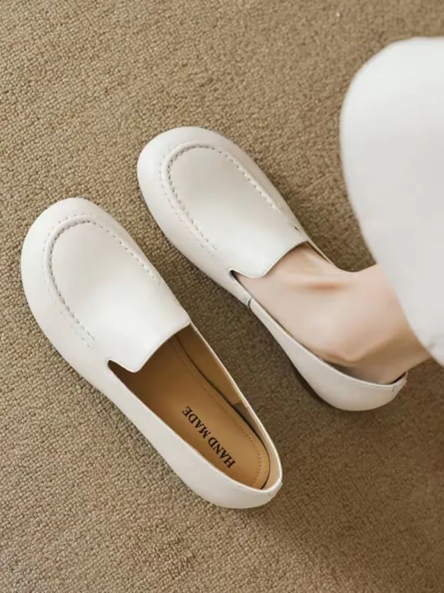 Retro Style New Round Toe Flat Bottom Loafers Slip on British Soft Bottom Pumps Women Beige - Shop at LoveMi