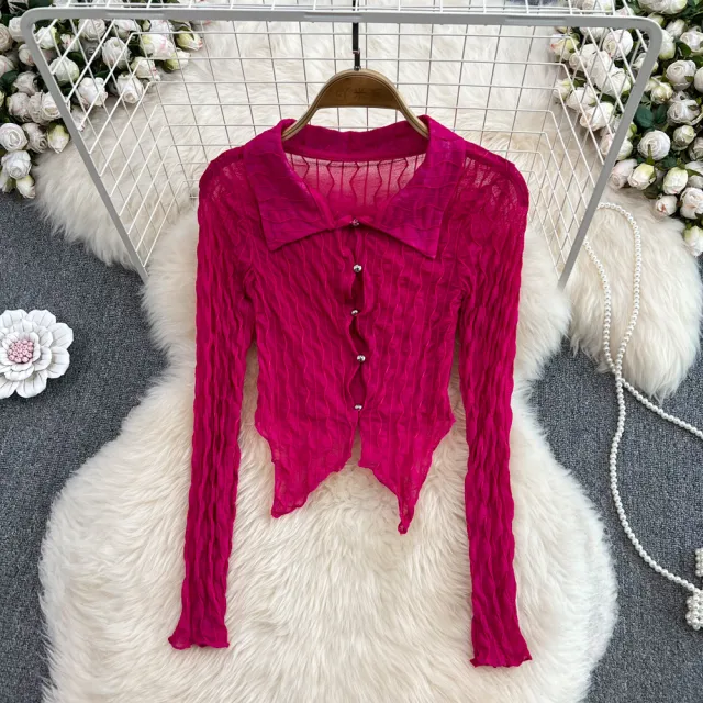 French Retro Sexy See through Long Sleeves Irregular Short Dovetail Shirt Rose Red - Shop at LoveMi