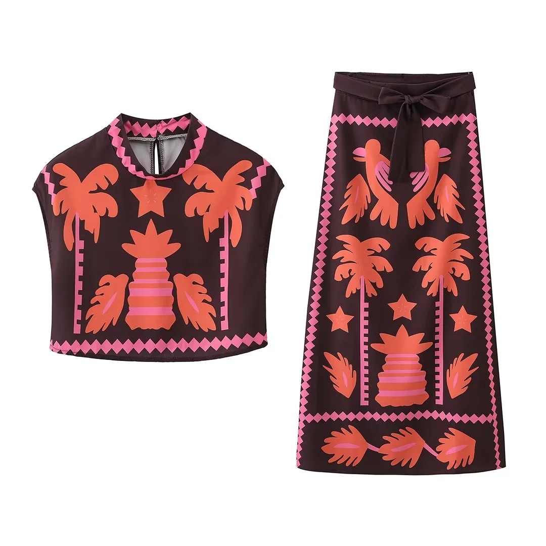 Round Neck Short Sleeve Floral Print Slit Skirt Suit Color - Shop at LoveMi