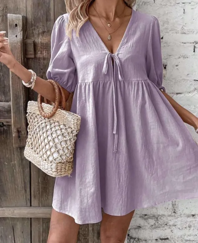 Deep V neck Design Chest Lace up A Line Dress Light Purple - Shop at LoveMi