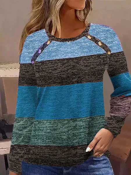 Color Block Printed Button Long Sleeve Round Neck T shirt Blue - Shop at LoveMi