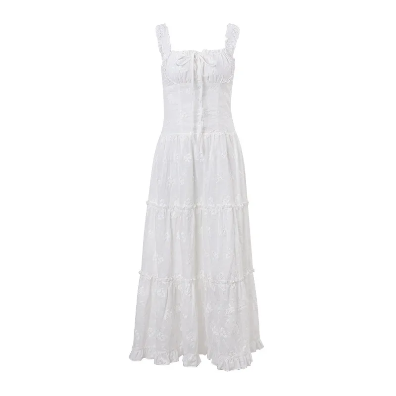 Fashion Square Collar Slim Fit Lazy Vacation Style Long Dress - White