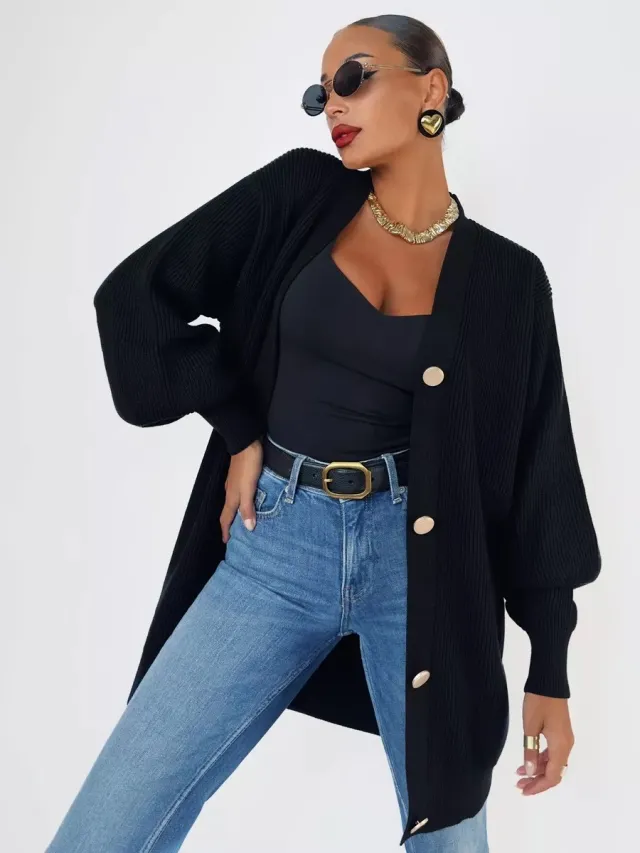 European And American Pure Color Casual Versatile Loose V neck Early Autumn Knitted Cardigan Black - Shop at LoveMi