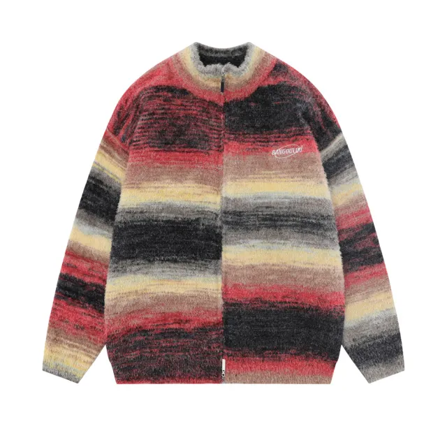 Casual Striped Two way Zipped Stand Collar Knitwear Jacket Gradient Black - Shop at LoveMi