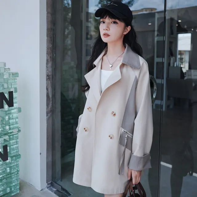 Loose Contrast Color Casual Creamy white Short Trench Coat Beige - Shop at LoveMi