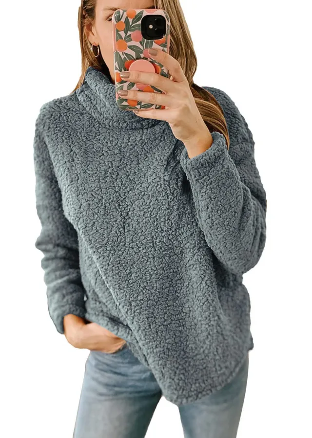 Women's Clothing New Furry Turtleneck Solid Color Hoodie Plush Top Women Dark Gray - Shop at LoveMi