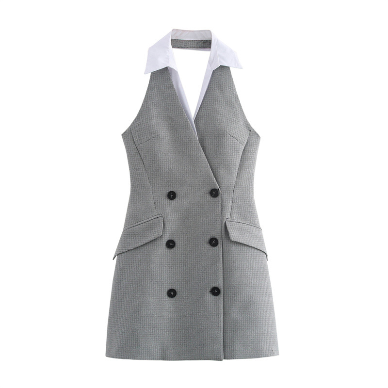 Double Breasted Sleeveless Hanging Collar Dress