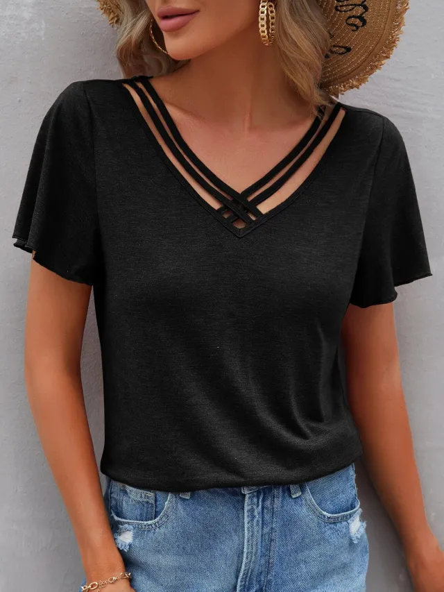Women's Pure Color Ruffles Short sleeved Top T shirt Black - Shop at LoveMi