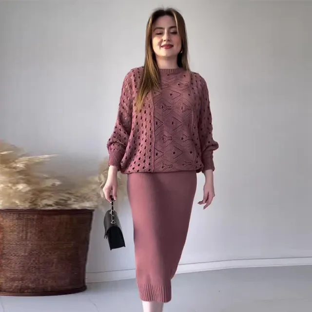 Autumn New Solid Color Hollow Round Neck Top Casual Knitted Skirt Suit Rouge Color - Shop at LoveMi