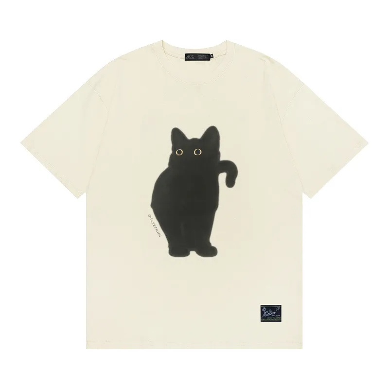 Women's Retro Artistic Fresh Cute Coffee Cat Cartoon Printed Short Sleeve - Cream