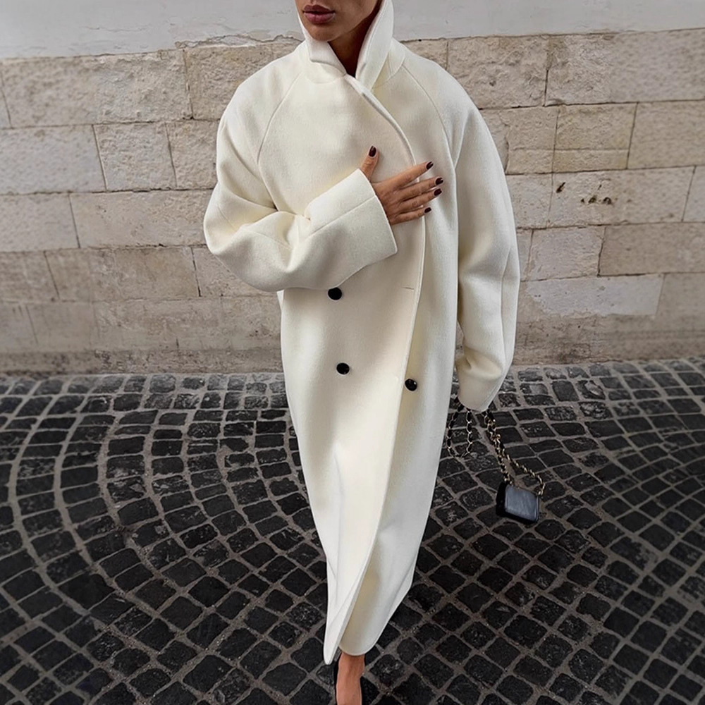 Palton elegant din lână, de culoare solidă, cu guler ridicat și design la două rânduri de nasturi