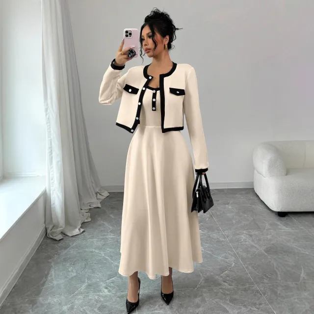 Womens French style Long sleeve Cropped Jacket And Slip Dress Two piece Set White - Shop at LoveMi
