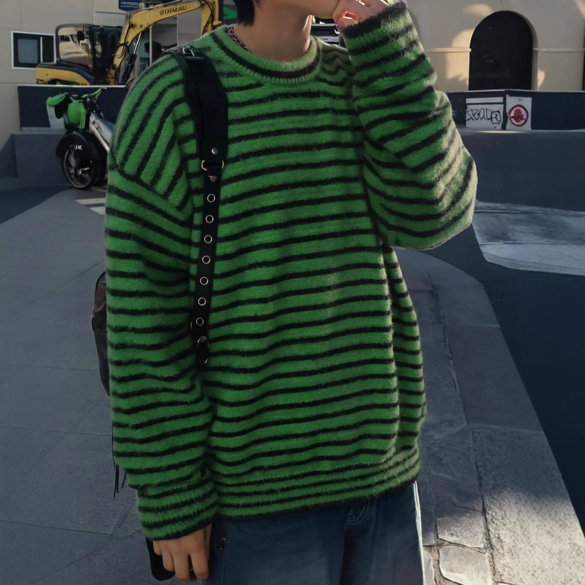 Retro Striped Knitted Crewneck Loose Contrast-Color Sweater