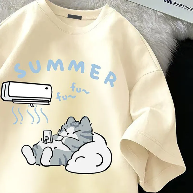 Round Neck Printed Cute Wild Simple - Apricot
