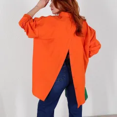 Women's Shirt Solid Colour Personalised Street Spring And Autumn Long Sleeve Back Slit Loose Shirt - Orange - View 1