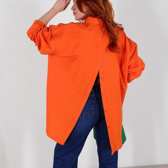 Women's Shirt Solid Color Personalized Street Spring And Autumn Long Sleeve Back Slit Loose Shirt Orange - Shop at LoveMi