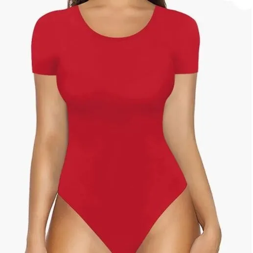 Women's Casual Bottoming Skinny Long sleeved T shirt Jumpsuit Red Short Sleeve - Shop at LoveMi