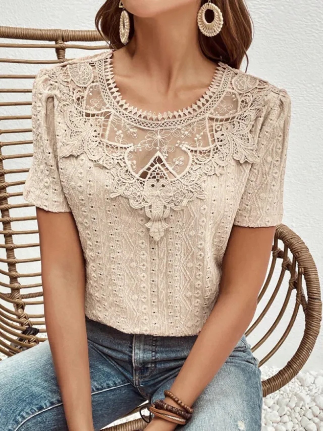 Lace Stitching Hollow Round Neck Solid Color Short Sleeve Skin Color S - Shop at LoveMi