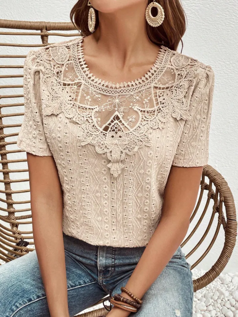 Lace Stitching Hollow Round Neck Solid Color Short Sleeve - Skin Color-Xl