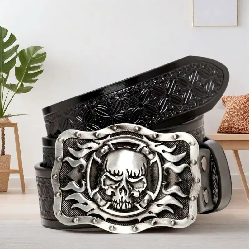 Mens Alloy-buckle Leather Belt With A Vintage Embossed Design